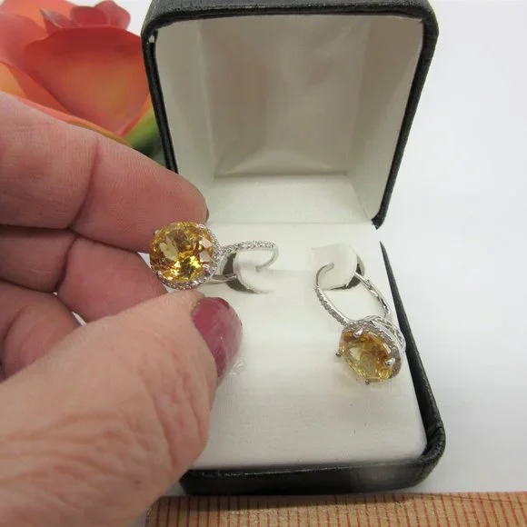 New in Box, Sterling Silver 925 Citrine and Clear Rhinestones Dangle Earrings - Picture 4 of 4